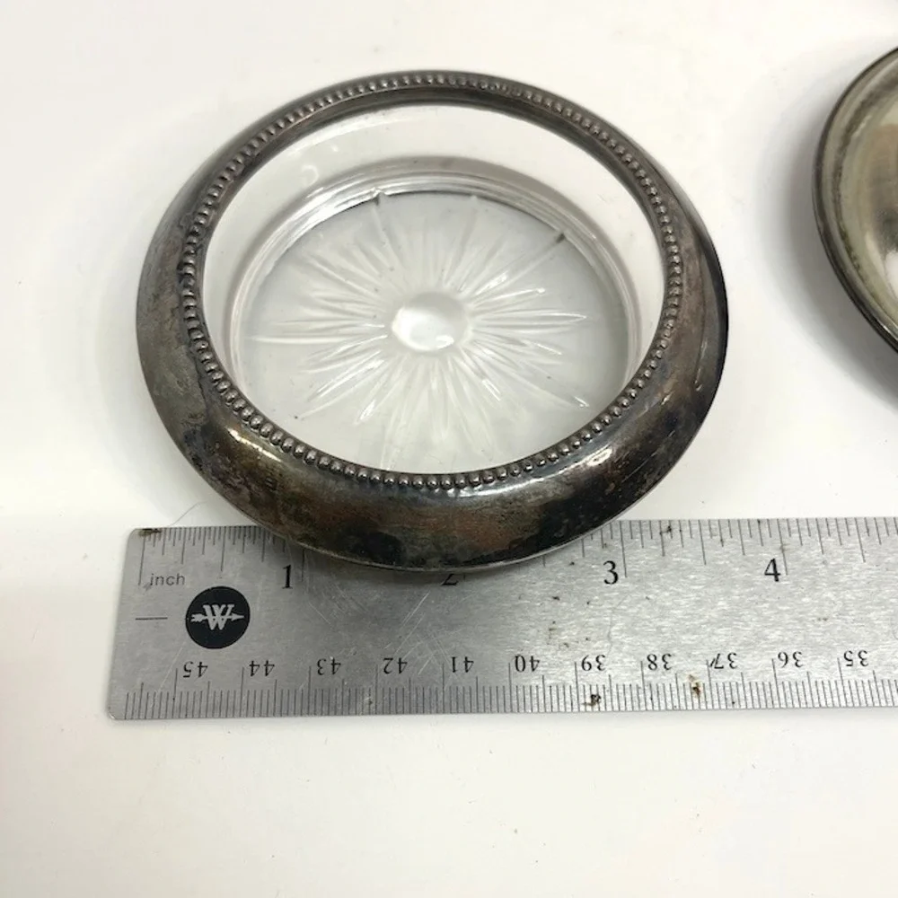 Vtg Sterling Silver Rim Glass Coasters Starburst Base Lot of 6 Frank M Whiting